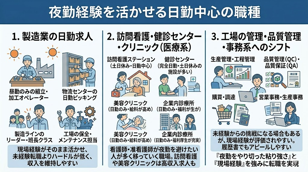 夜勤経験を活かせる日勤中心の職種