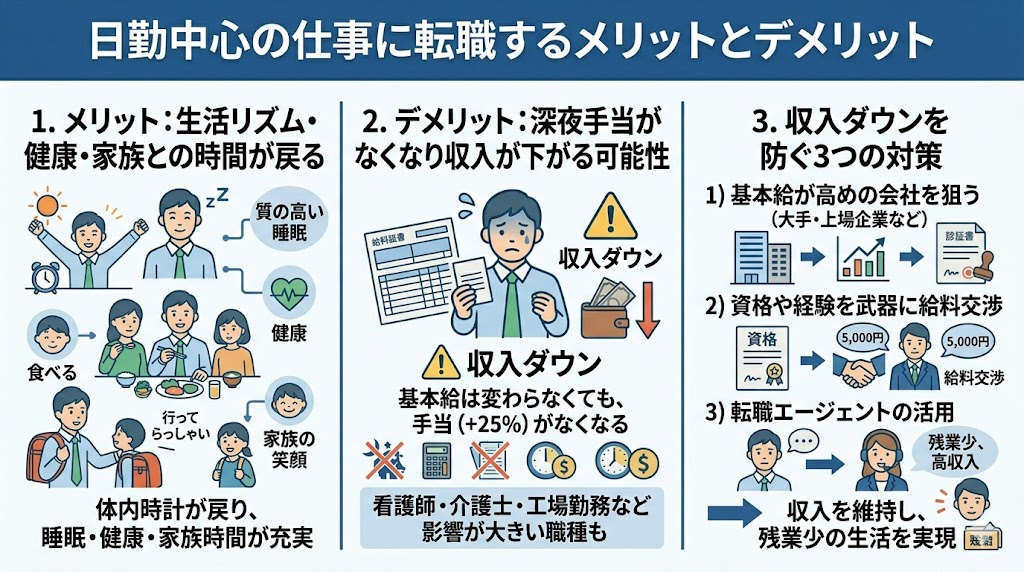 日勤中心の仕事に転職するメリットとデメリット