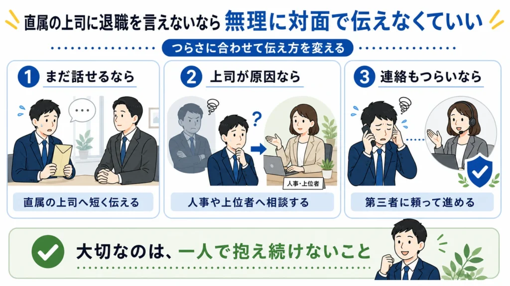 直属の上司に退職を言えない場合の3つの伝え方。上司へ短く伝える、人事や上位者へ相談する、第三者に頼る。