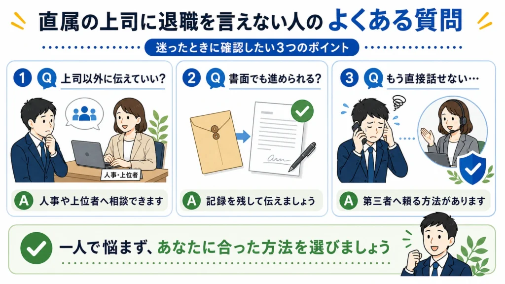 直属の上司に退職を言えない人のよくある質問。上司以外への相談、書面での記録、第三者への依頼。