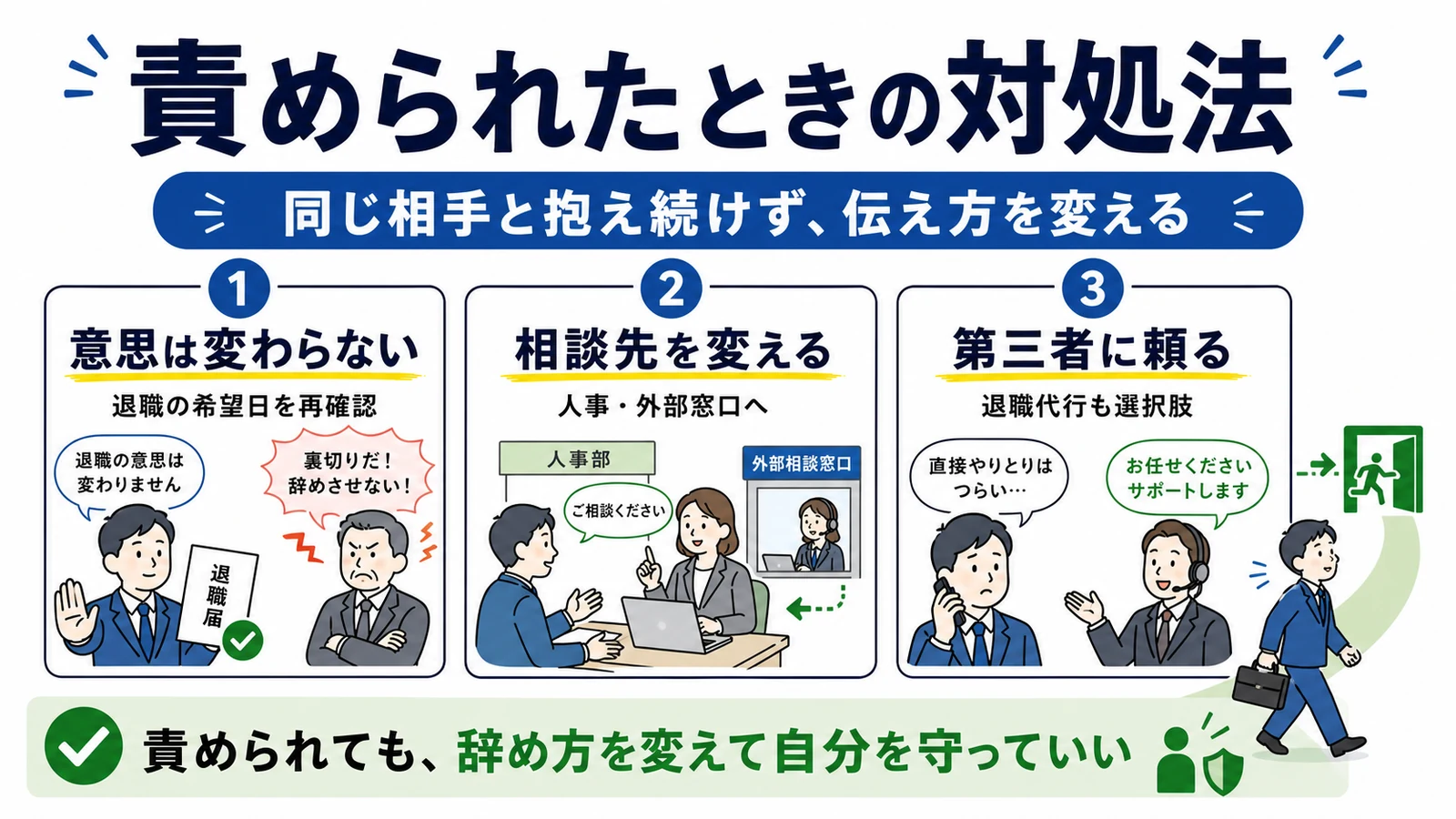 裏切りと責められたり退職を拒まれたりしたときの対処法。意思を伝える、相談先を変える、第三者に頼る。