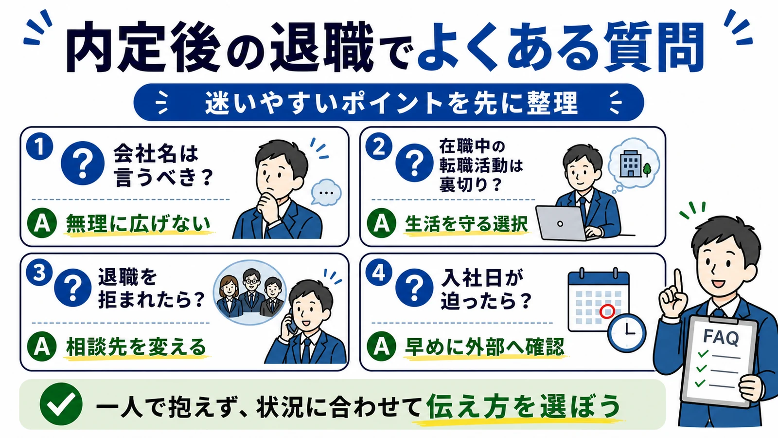 転職先が決まってからの退職でよくある質問。会社名、在職中の転職活動、退職拒否、入社日が迫った場合。