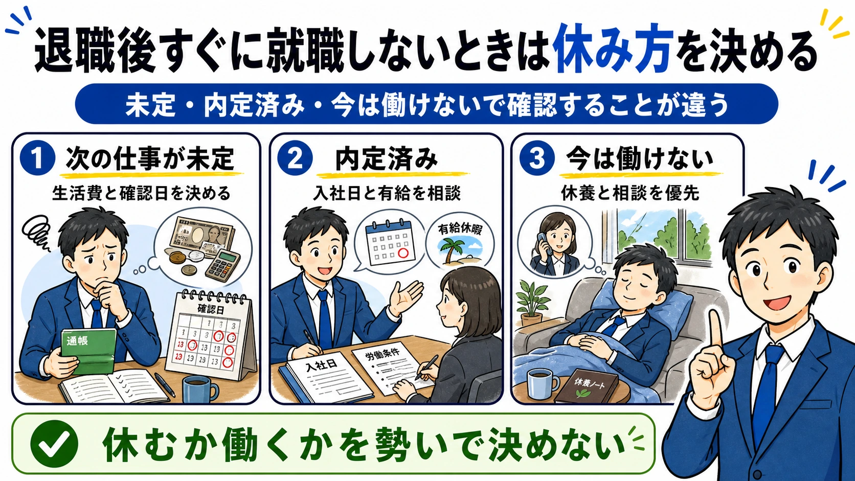 退職後すぐに就職しないときの休み方。次の仕事が未定、内定済み、今は働けない場合で確認することが違う。