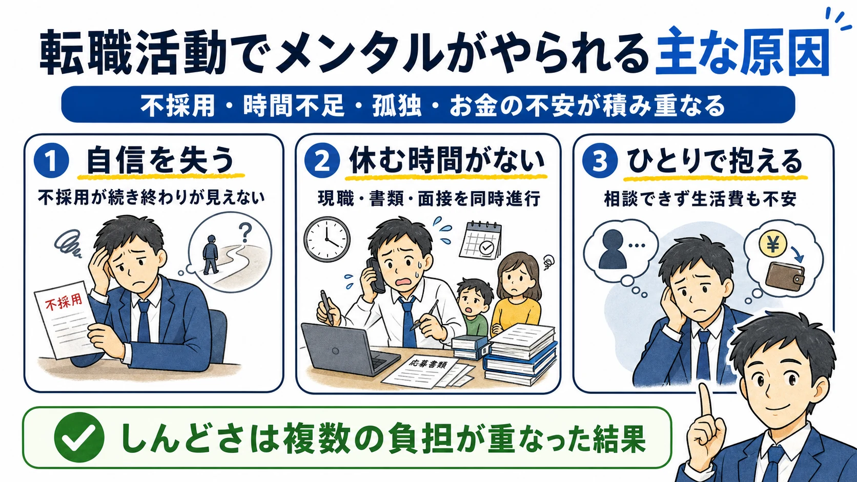 転職活動でメンタルがやられる主な原因。自信を失う、休む時間がない、ひとりで抱える。