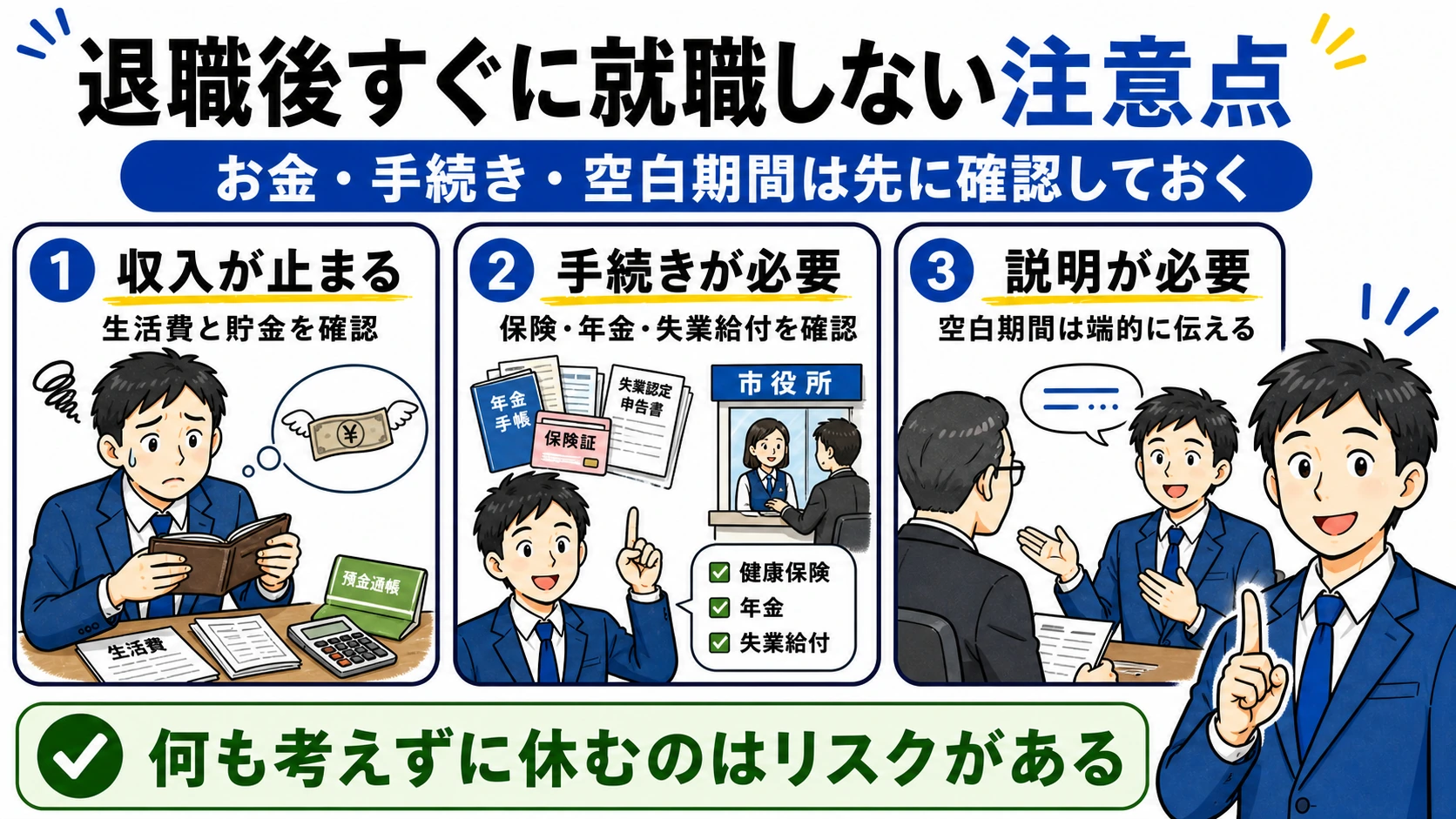 退職後すぐに就職しない注意点。収入、手続き、空白期間の説明を事前に確認する。