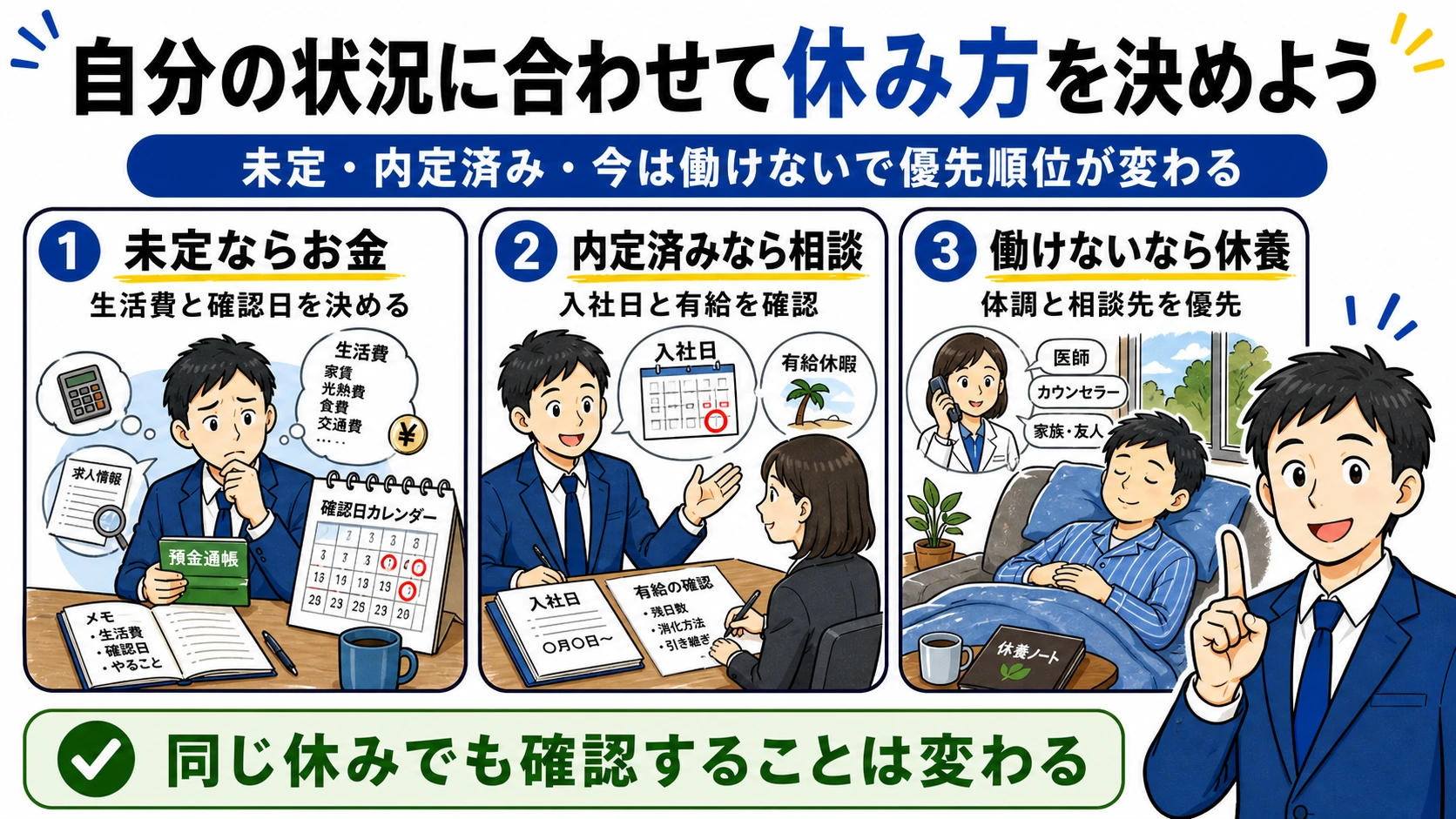 自分の状況に合わせた休み方。未定、内定済み、今は働けない場合で優先することが変わる。