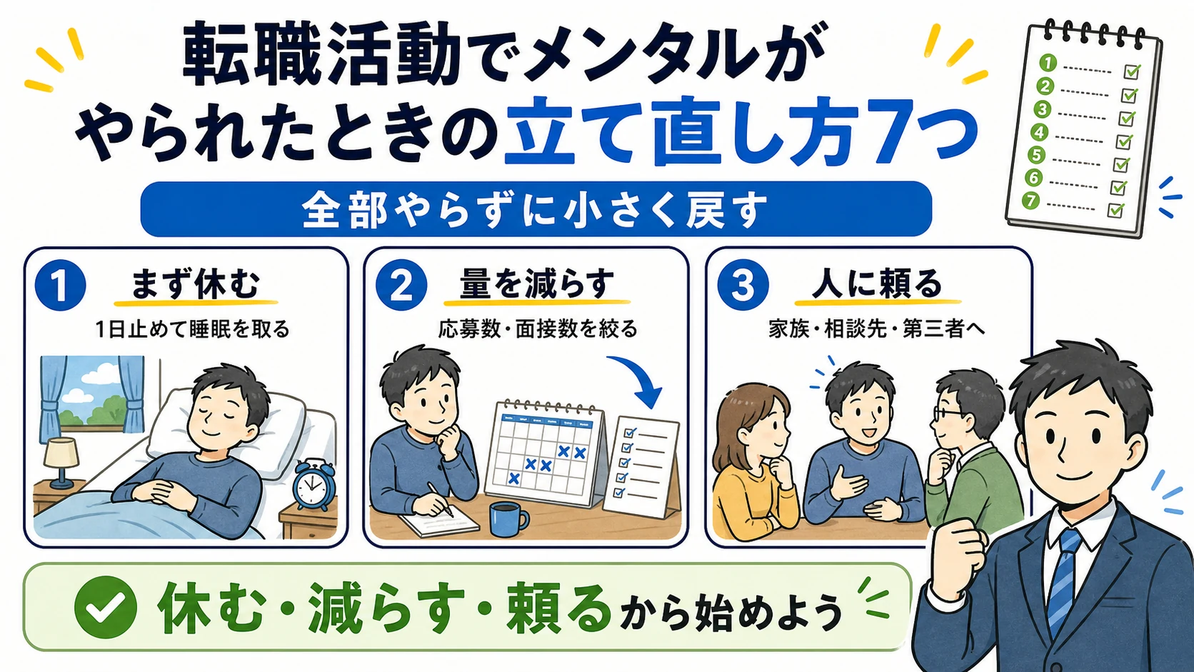転職活動でメンタルがやられたときの立て直し方。まず休む、活動量を減らす、人に頼る。