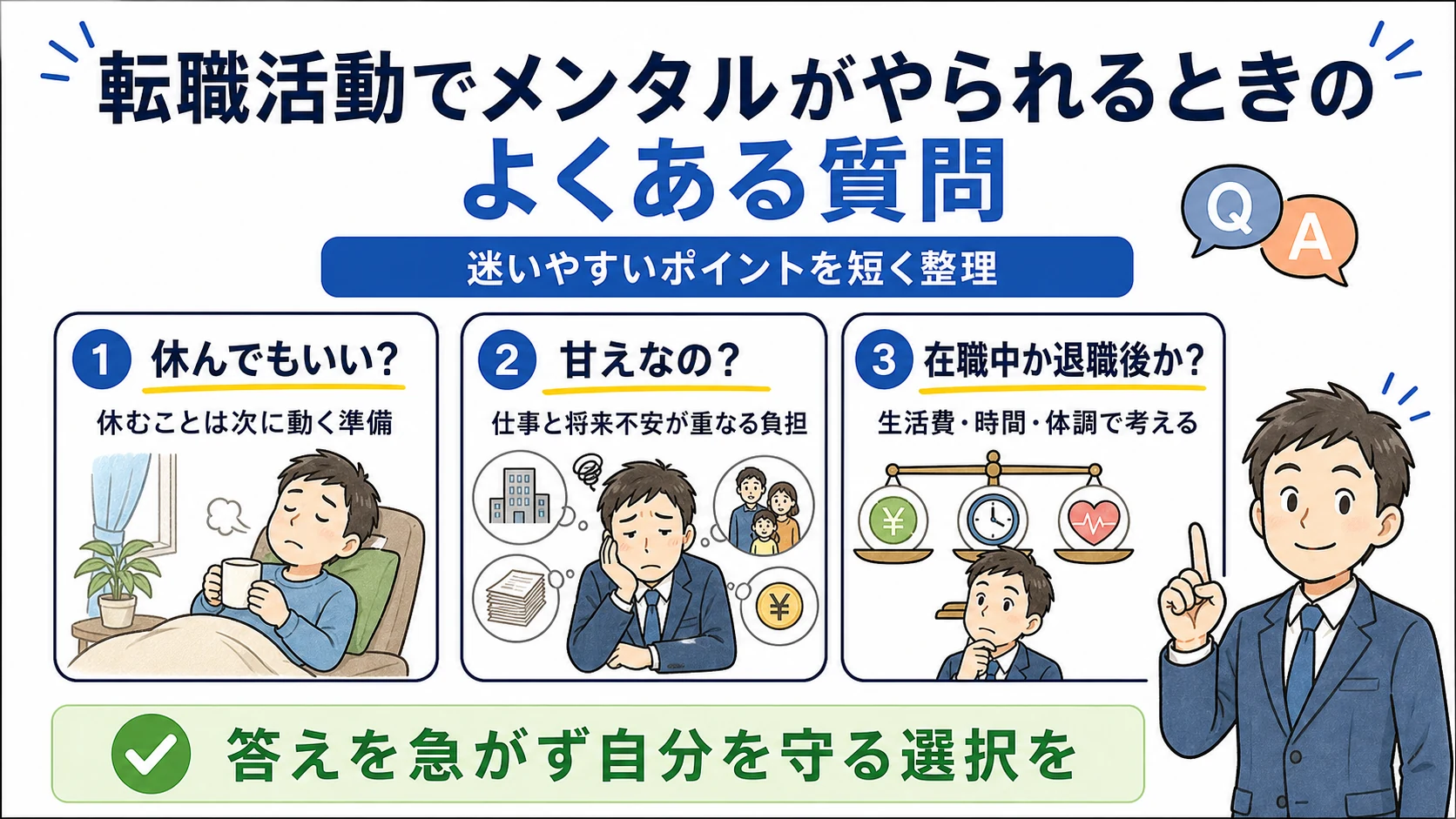 転職活動でメンタルがやられるときのよくある質問。休んでいいか、甘えか、在職中か退職後かを整理。