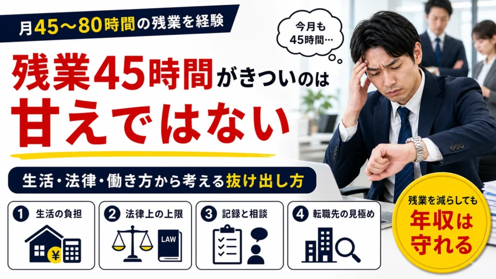 残業45時間がきつい人へ、生活・法律・働き方から抜け出す方法を伝えるアイキャッチ画像