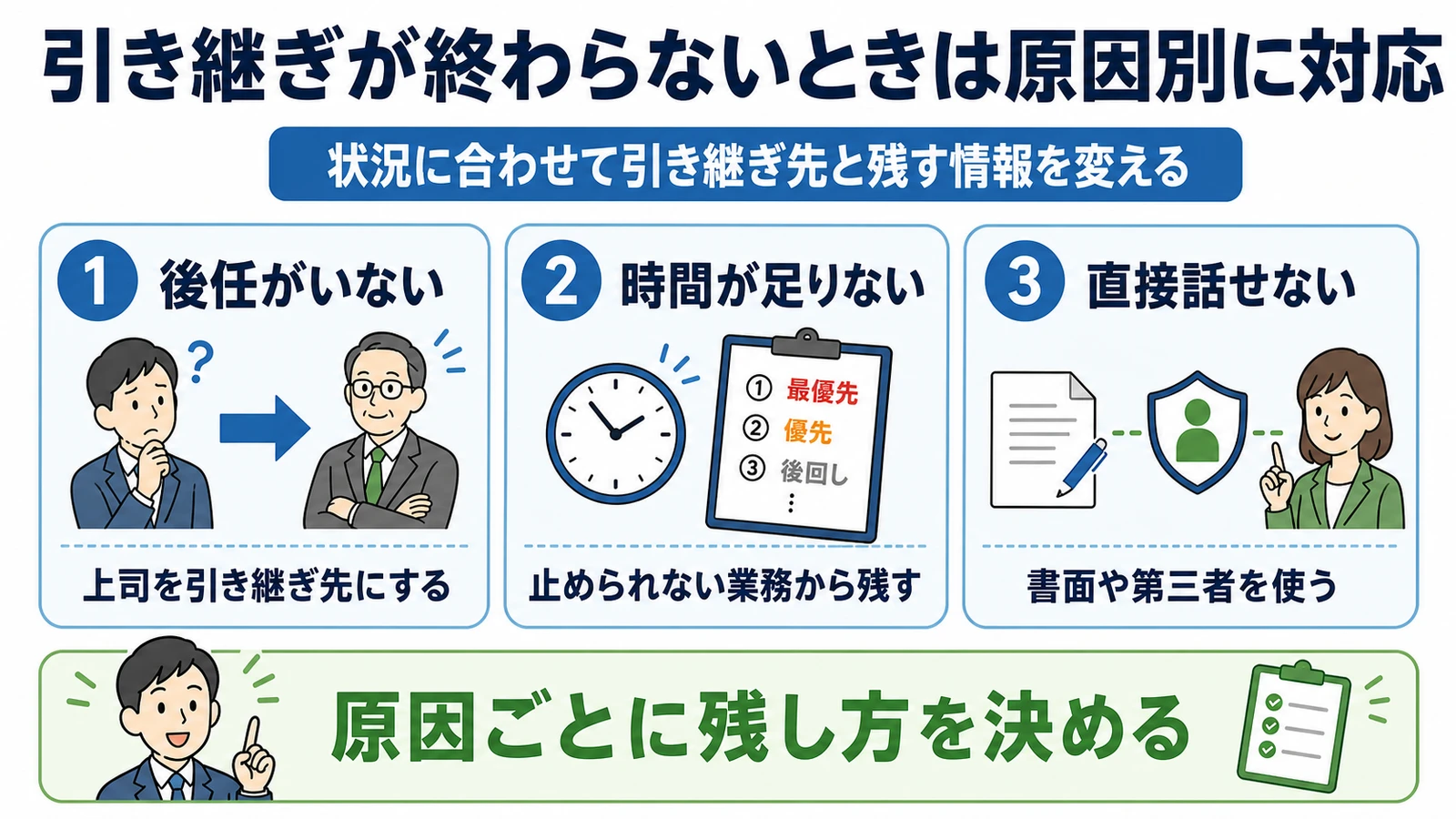 引き継ぎが終わらない3つの原因別対応。後任不在なら上司へ、時間不足なら重要業務から、直接話せないなら書面や第三者を使う。
