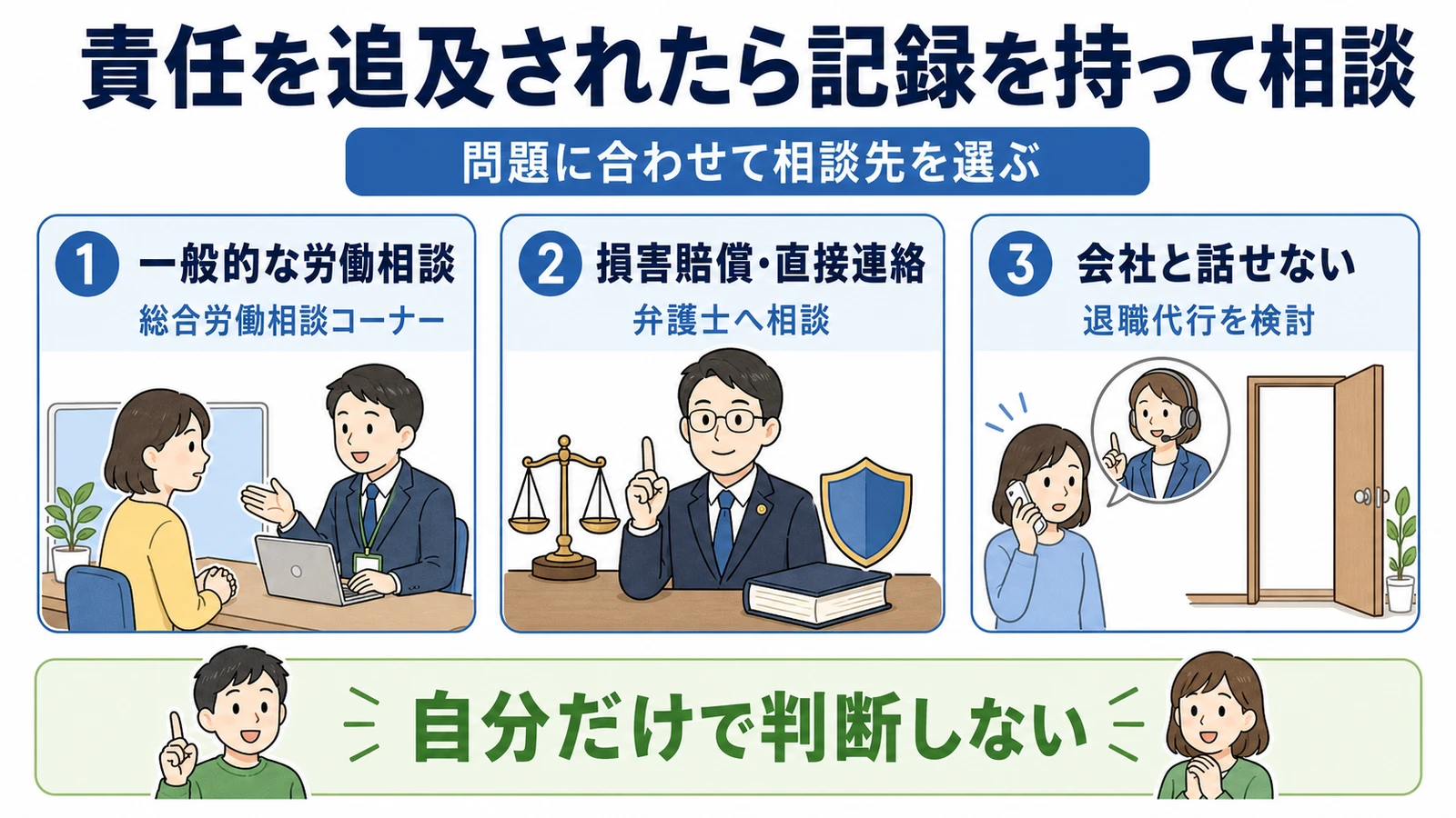 会社から責任を追及されたときの3つの相談先。総合労働相談コーナー、弁護士、退職代行を問題に合わせて選ぶ。