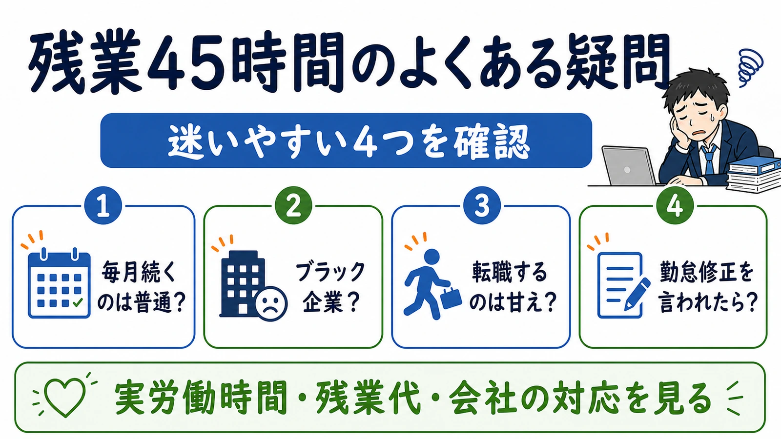 残業45時間が毎月続く場合、ブラック企業、転職、勤怠修正についての疑問。