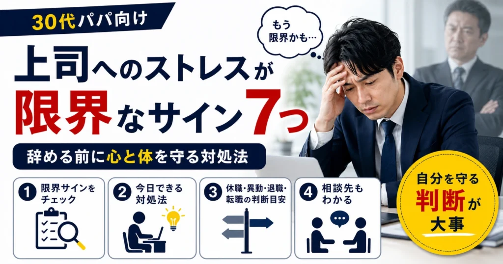 上司へのストレスが限界の人へ向けて、心と体を守るための危険サインや休み方、相談先、退職や転職の判断目安を伝えるアイキャッチ画像