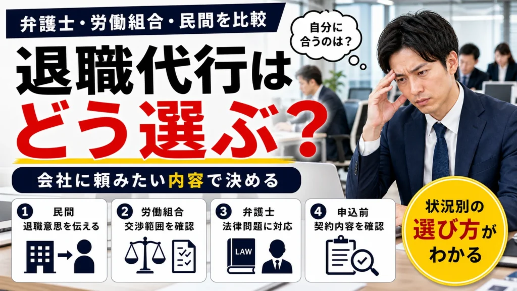 職場で退職代行の弁護士・労働組合・民間を比較する会社員の実写イメージ