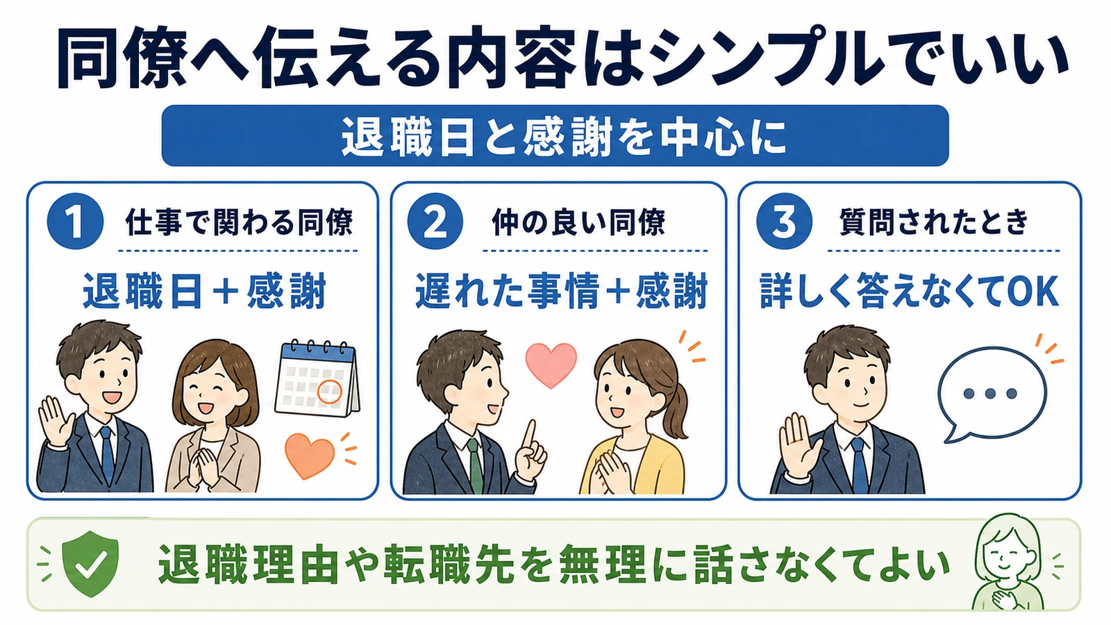 同僚へ伝える内容は退職日と感謝を中心にし理由や転職先は詳しく答えなくてよい