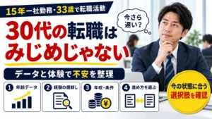 30代の転職はみじめではないと伝え、年齢データ・経験の棚卸し・年収条件・進め方の選択を示すアイキャッチ