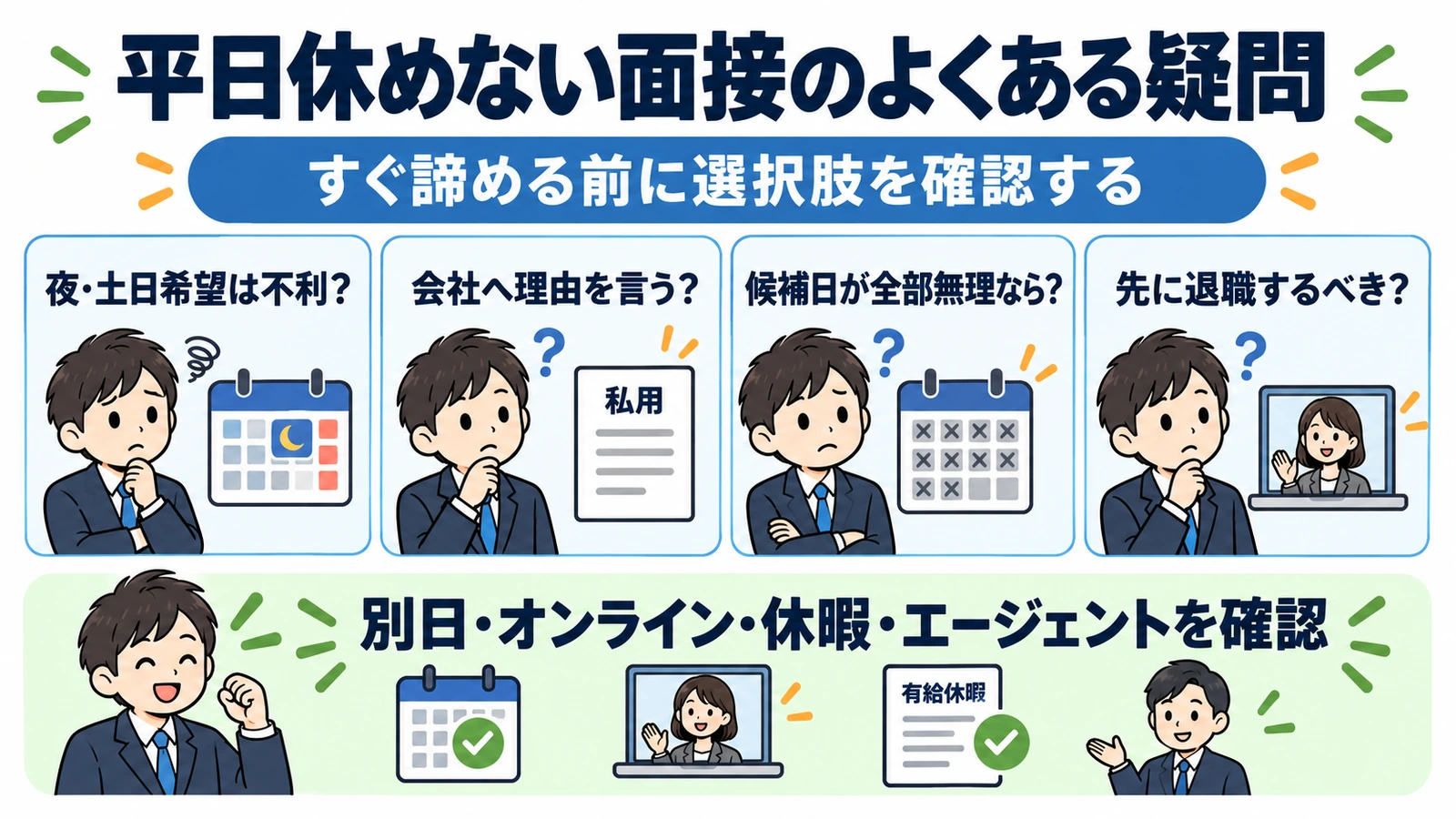 平日休めない転職面接の疑問。夜や土日の希望、休む理由、候補日が無理な場合、退職の判断。