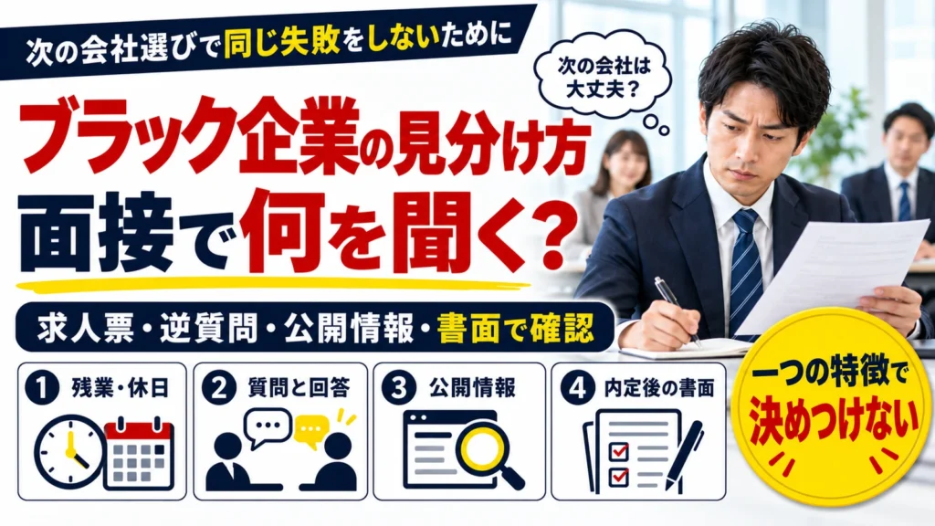 ブラック企業の見分け方を、面接の質問、求人票、公開情報、内定後の書面から確認するポイント