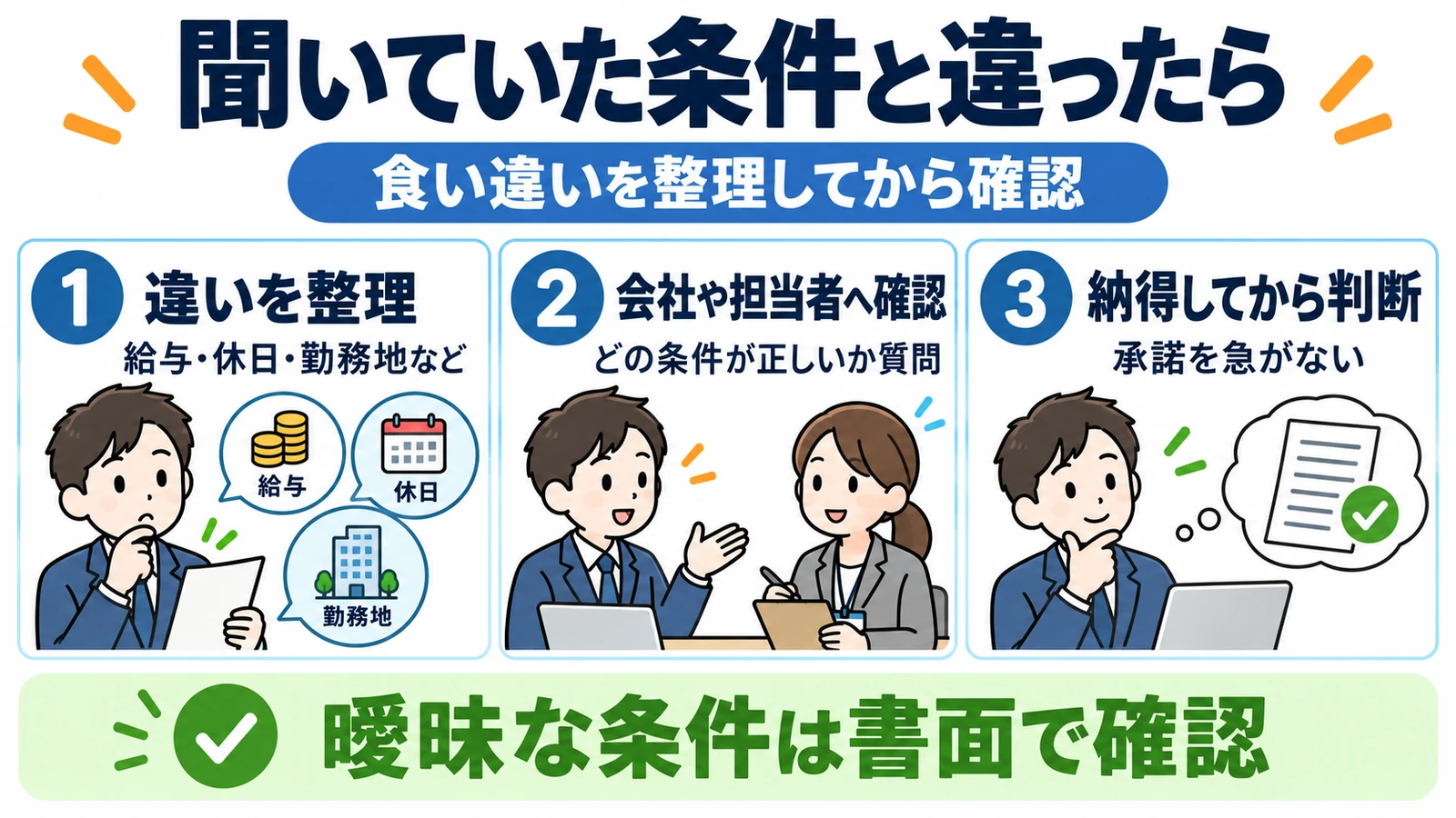 求人票や面接と条件が違ったら、相違点を整理して会社へ確認し、納得してから判断する流れ